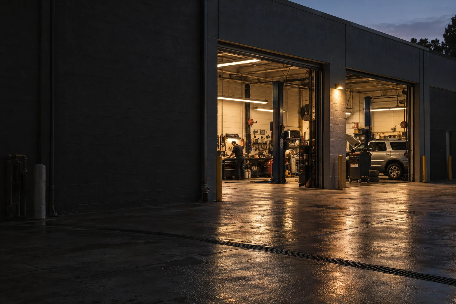 An illuminated automotive service bay.